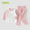 Conjunto de ropa de otoño e invierno para bebés niños y niñas, conjunto de dos piezas de ropa de casa de cintura alta que protege la barriga, ropa interior para bebés
