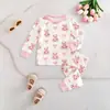 Conjunto de Pijama para Bebé Primavera y Otoño 2026 Amigable con la Piel y Cálido Estampado de Oso de Dibujos Animados con Lazo + Pantalones Largos Cómodos