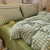 Juego de Ropa de Cama de Cuatro Piezas Estilo Japonés Gris-Marrón Cuadros Grandes Algodón Lavado Colores Contrastantes Agradable al Tacto Suave Estilo Muji Dormitorio Estudiantil Ropa de Cama para Todas las Estaciones