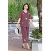 Traje de Pantalón Recto y Camisa para Mujeres Mayores Verano Nuevo Estilo Chino Camiseta para Mamá Camisa Pantalón de Manga Corta Conjunto de Dos Piezas