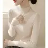 Suéter de Tricô para Mulheres com Gola Meia-Alta e Design Patchwork, Versátil Top Básico de Manga Média A8054, Elegante Top para Outono e Inverno