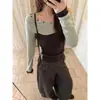 Blusa de Dos Piezas Estilo Fresco Ruoxin Bloque de Color Hombro Asimétrico para Mujer 2026 Otoño Ajuste Delgado Camisa Básica