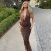 Vestido de Verano 2025 Sexy con Estampado de Leopardo, Cuello Halter, Espalda Descubierta, Satín, Ajustado, Drapeado, Bloque de Color, Escote en V Profundo para Mujer