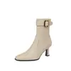 Botas de couro de duas camadas + super elásticas para mulheres, botas de corte justo para outono e inverno, saltos agulha com bico quadrado e detalhe de fivela, botas de tornozelo elásticas para mulheres