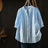 Camisa Azul de Manga Corta para Mujer 2026, Este Verano es Súper Estilosa, con Rayas Verticales y una Textura Táctil, Hecha de Algodón Puro, Estilo Delgado, Mangas Tres Cuartos