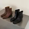 Botines de piel auténtica para mujer con tacón alto y grueso, con cremallera lateral y punta cuadrada, un nuevo estilo de otoño