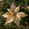Flor de Tela Pegajosa Navideña Malla Lentejuelas Adorno Flor Artificial Árbol de Navidad Decoración de Ventana Arreglo Floral Rama 28cm