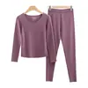 Otoño e Invierno nuevo traje térmico de terciopelo autocalentable para mujer, traje sin costuras, cuello redondo, doblemente cepillado, elástico, ropa interior