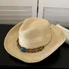Sombrero vaquero de paja estilo étnico para mujer, para sesión de fotos de verano, viajes y vacaciones, sombrero de paja de ala ancha, sombrero para el sol con protección solar