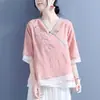 Ropa de Algodón y Lino para Mujer 2023, Bloques de Color, Cuello Asimétrico, Bordado, Manga Media, Top Artístico de Cuello en V, Camisa Retro Estilo Chino, Atuendo para el Té