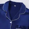 Estilo Europeo Satín Azul Casual Cardigan de Pijama Solapa Manga Corta Pantalón Largo Conjunto de Ropa para el Hogar para Mujer Venta al por Mayor