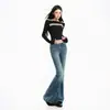 Jeans de mujer transfronterizos, ligeramente acampanados, lavados y desgastados, estilo americano, blanco desgastado, bordados, pantalones largos azules, azul, con patrón Yichun