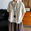 Camisa Masculina Retro Americana de Listras Finas de Manga Curta, Estilo Verão Workwear com Cordão Curto, Estilo Old Money Camisa Casual