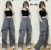 Calça Jeans Casual Workwear de Marca Coreana High Street para Mulheres, Comércio Transfronteiriço, Calça Larga Reta Solta com Bolsos Grandes, Calça Longa Vintage