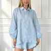 Pijama de dos piezas para mujer, estilo europeo y americano, de algodón puro, con mangas abullonadas, corte holgado, cuello camisero y shorts con volantes, conjunto de ropa para el hogar 2026