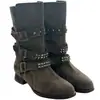 Botas vaqueras de tacón grueso apilado con remaches, diseño retro plegable, de media pantorrilla para mujer, estilo nuevo Otoño/Invierno 2026, hebilla de cinturón