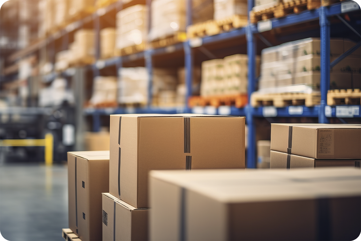 Caixas de papelão empilhadas em galpão logístico, representando mercadorias prontas para importação da China com diferentes Incoterms FOB, CIF ou DDP