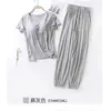 Conjunto de Pijama de Pantalón Corto de Rayón con Mangas Acampanadas, Al por Mayor del Fabricante, con Almohadillas en el Pecho, Conjunto de Dos Piezas de Ropa de Casa con Sujetador Integrado para Mujer