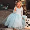 Vestido de Niña Transfronterizo Encaje Manga Larga Vestido de Dama de Boda Vestido de Princesa de Niña Malla con Lazo