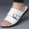 Zapatillas de Cuero Genuino para Hombre Estilo Europeo Transfronterizo Sandalias Planas de Una Correa Estilo Hip-Hop Casual Vacaciones al Aire Libre Zapatos para Hombre