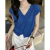 2026 Verão Novo Estilo Coreano Cardigan Botão Gola V de Linho Tencel Refrescante Manga Curta Casual Simples Tricô Camiseta para Mulheres