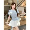 Camiseta Feminina Estilo Doce com Gola Redonda Franzida e Manga Curta 2026 Verão Nova Slim Fit Borda Plissada Top Versátil 98240