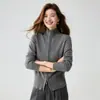 Suéter cárdigan abierto con cremallera, cuello alto grueso, estilo vintage, de hilo de haba plateada y cachemira para mujer, otoño e invierno