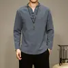 Nova Camiseta Masculina Outono 2026 Estilo Chinês Algodão e Linho Botão de Nó Chinês Camiseta de Manga Longa Hanfu Camiseta Básica Masculina