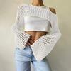Suéter de Punto Hecho a Mano para Mujer, Nuevo Otoño 2026 Europeo y Americano, Estilo Casual Ultra Corto con Mangas Acampanadas, Top Transparente de Malla Sexy, Moderno