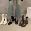 Botines de tobillo de moda retro con tacón grueso y patchwork para mujer, nueva colección otoño/invierno, diseño blanco de punta cuadrada, cierre trasero de cremallera, tacones altos y material elástico