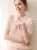 Suéter de punto jacquard trenzado de punto base de manga corta para mujer, 100% lana hilada fina del Yangtsé, cuello polo de manga corta