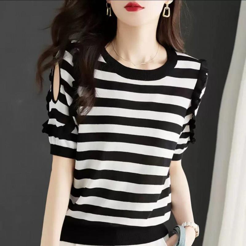 短袖T恤女夏季2023新款高级感条纹针织衫体恤女士冰丝设计感
