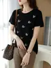 Moda gola redonda cor sólida strass Cisne algodão mercerizado feminino manga curta emagrecedor para o trabalho primavera e verão novo fio de algodão meia manga