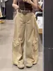 Calça Jeans Cargo Acolchoada Grossa Estilo Americano Retrô Tamanho Plus para Mulheres, Outono e Inverno, Cintura Alta, Emagrecimento, Perna Reta/Larga para Mulheres Plus Size