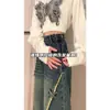Jeans Rectos de Pierna Ancha con Cremallera Lateral y Dobladillo Deshilachado Estilo Retro Americano Talla Plus para Mujer, Pantalones de Pierna Ancha con Parche de Mariposa de Primavera y Verano Modernos