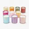 Taza de vela aromática electrochapada de colores con diseño calado y tapa, taza decorativa de vidrio de calidad de exportación, vela blanca personalizada