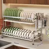 Prateleira de armazenamento de louças para uso doméstico, organizador multifuncional de utensílios, rack de cozinha ao lado da pia para hashis, pratos, tábuas de corte e tampas de panelas, com recurso de drenagem