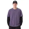 Camiseta de manga larga para hombre de talla grande, nuevo estilo de otoño, imitación de dos piezas, algodón puro, color block lavado vintage desgastado, top holgado para hombre