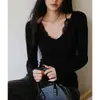 Camiseta básica de punto de lana con encaje de estilo francés para mujer, cuello en V, elástica, adelgazante, top versátil