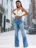 Pantalones vaqueros de tiro alto, cruzados, estilo retro azul, ligeramente acampanados para mujer, corte ajustado, elásticos, adelgazantes, versátiles, largos acampanados.