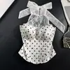 Top halter de lunares estilo francés con estampado de espina de pez blanco para mujer, bustier de alta gama ajustado