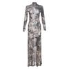 Roupas femininas europeias e americanas primavera e verão 2024 nova moda personalidade malha estampada perspectiva gola alta justa modeladora vestido