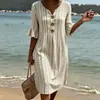 2026 Nuevo Vestido Largo Rayado de Cuello en V con Volantes y Botones Transfronterizo Moda Casual para el Trabajo Falda Larga Estilo Verano para Mujeres