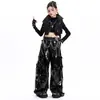 Disfraces de Jazz para Niñas de Otoño Atuendos de Performance Geniales y Modernos Estilo Motociclista Negro Conjunto Oscuro con Cadena Ropa de Performance Infantil