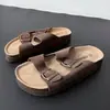 2026 Verão Novo Slip-on Couro de Vaca Fivela Dupla Sandálias de Cortiça Birkenstock Tamanho Grande Fundo Plano Sapatos Femininos Comércio Exterior Atacado