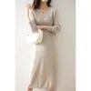 Estilo Coreano Outono e Inverno 2021 Novo Vestido Longo de Tricô Soltinho com Decote V Camisa Base Suéter de Lã Pura para Mulheres