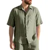 Site Independente Transfronteiriço Camisa Jacquard de Linho de Verão com Listras Verticais, Gola Lapela Masculina, Abotoada, Solta, Respirável, Casual Masculina de Manga Curta