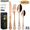 Amazon popular cubertería de acero inoxidable cuchillo, tenedor y cuchara juego de 24 piezas para 6 personas Hotel Cubiertos occidentales cuchillo para bistec, tenedor y cuchara