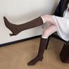 Botas de Cano Alto que Valorizam as Pernas para Mulheres, Outono e Inverno 2025, Salto Médio Bloco, Bico Quadrado Pequeno, Botas de Cano Alto Elásticas