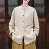 Camisa retro de ramio estilo chino nuevo para mujer para primavera y otoño 2025, nuevo cárdigan chaqueta abotonado estilo nacional de algodón y lino, top holgado
